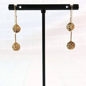 Vintage Gold Tone Filigree Ball Drop Earrings Pull Through Micro Chain